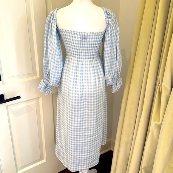 Sleeper- Atlanta Off-The-Shoulder Shirred Linen Midi Dress- Blue & White -Size:S - Picture 6 of 11